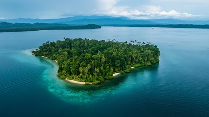Scenic island with dense forests and a peaceful shoreline