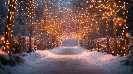 Festive winter pathway illuminated by glowing lights in a snowy landscape