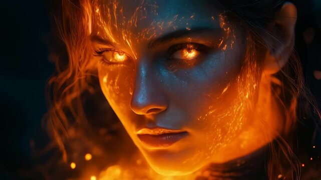 Redhead woman with fiery orange glowing eyes, burning energy streams rising on face close up on dark background with rising flame particles. Concept of female punishing power and righteous might