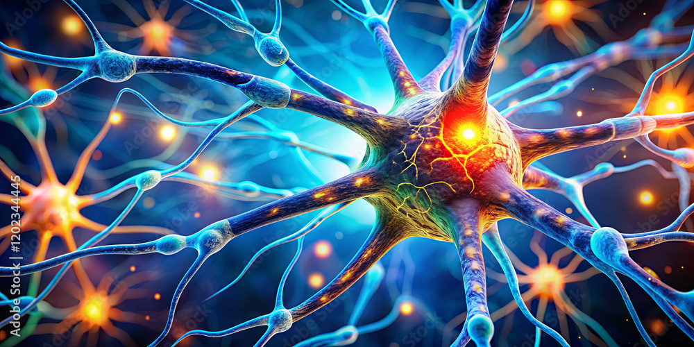 Poster a close-up view of neurons displaying connections and synapses, illuminated by colorful lights, show