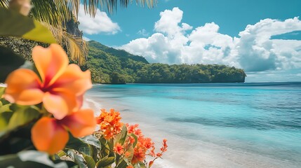 Secret tropical island landscape with vibrant flowers and calm waves