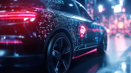 A close look at the vehicles side focusing on the seamless integration of 5G antennas and hightech interfaces with the 5G signal logo highlighted.