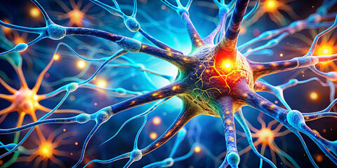A close-up view of neurons displaying connections and synapses, illuminated by colorful lights, showcasing the complexity of neural networks in the brain