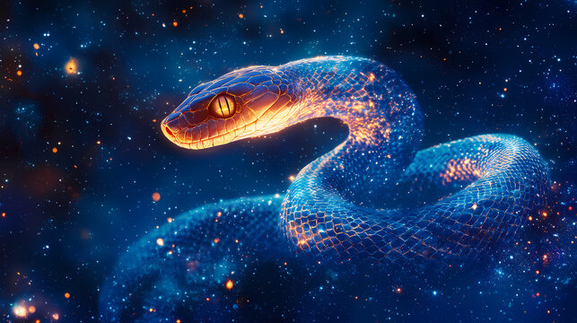 An ethereal glowing snake weaves through a starry night backdrop, creating a captivating image of celestial artistry and digital elegance in cosmic harmony. Celestial Starry Night. Illustration