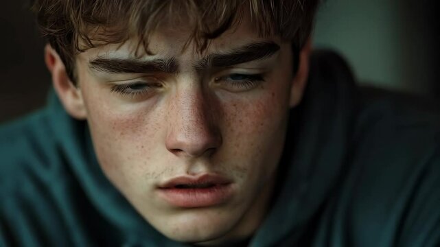 Exhausted young man with stress and depression symptoms showing extreme fatigue with closing eyes close up. Concept of mental burnout and emotional exhaustion