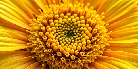 A vibrant yellow flower displays stunning details, with numerous small petals surrounding a tightly packed center. The natural sunlight enhances the flower's color and texture