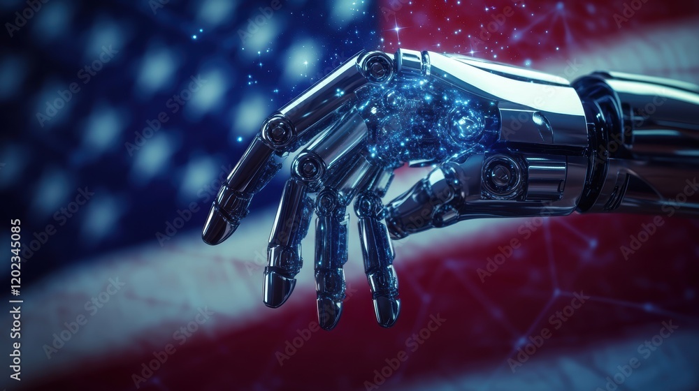 Poster closeup view of a robotic arm at work with a national flag waving slightly in the background represe