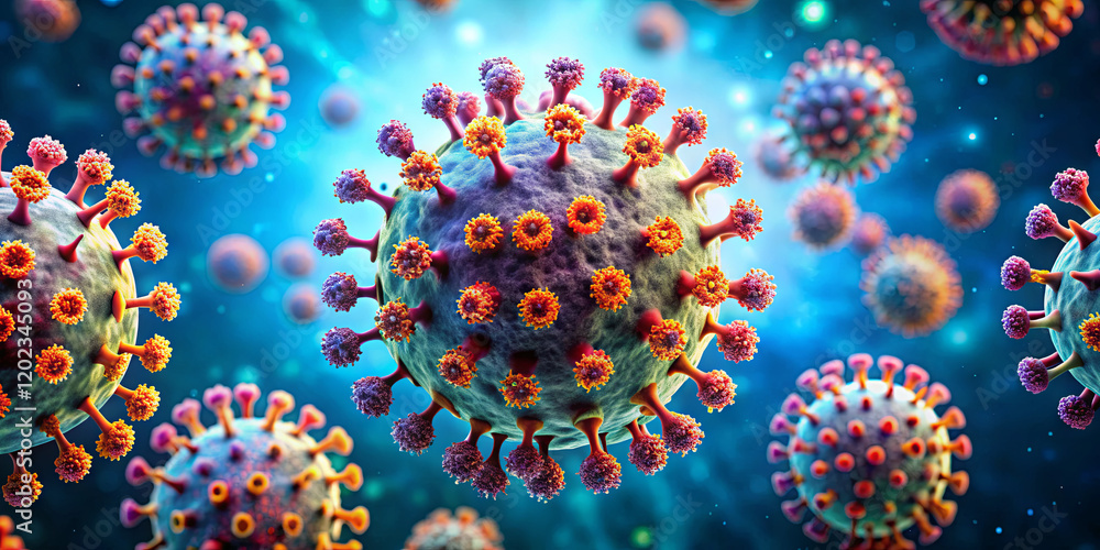 Poster a close-up view of multiple virus particles reveals their unique shapes and surface features. vivid 