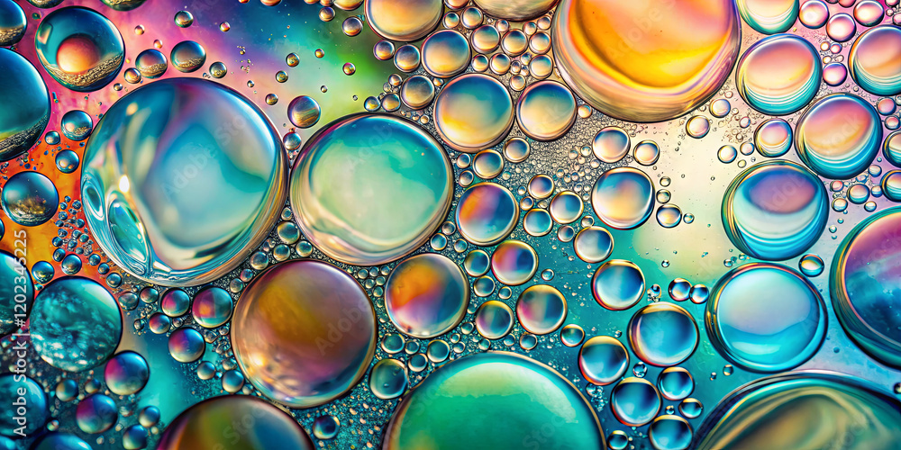 Poster bubbles of various sizes are suspended in a colorful liquid, creating an abstract pattern. light ref