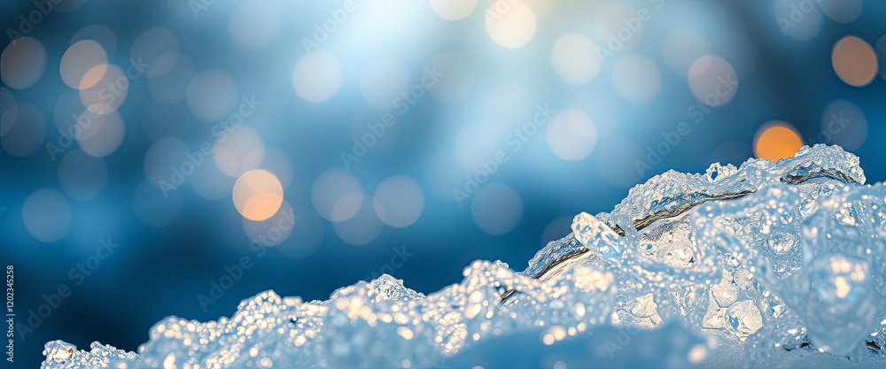 Poster droplets of ice create a sparkling effect in the sunlight, resting atop a snowy surface. the blurred