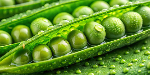 Bright green pea pods contain plump peas, glistening with water droplets. The lush green color and texture highlight freshness, ideal for culinary uses and healthy meals