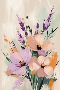 This artwork features textured brushstrokes depicting spring flowers in blush pink and lavender against a calming beige background, ideal for modern decor
