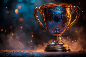  A glowing frame of the champion's cup, symbolizing victory, on a transparent background highlighted by a combination of blue and black data points.