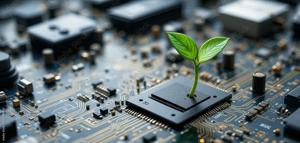Poster a small green plant emerges from a microchip on a circuit board, showcasing the intersection of tech