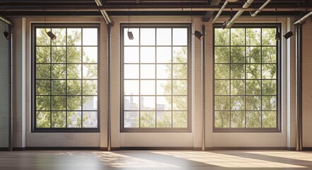 Fototapeta premium Scenic View of an Empty Room with Large Windows, Industrial-Style Interior Design and White Brick Wall, Commercial Use