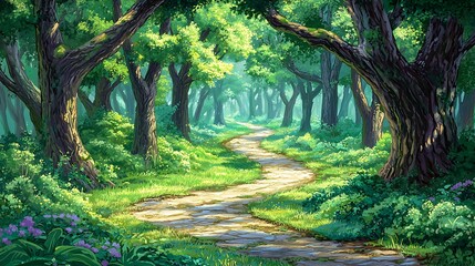 Winding path through sun-dappled forest, game background