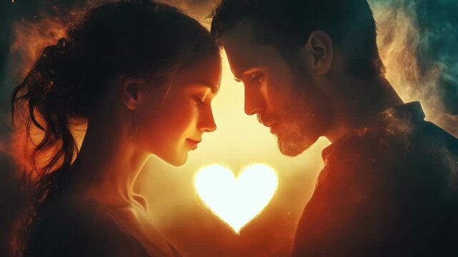 Young caucasian couple man and woman in profile tenderly touching foreheads with glowing heart symbol behind, warm energy aura surrounds loving pair in romantic moment. True love, connection, soulmate