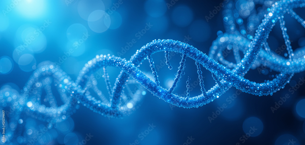 Poster a vibrant blue dna strand twists and turns, showcasing its intricate structure. the background featu