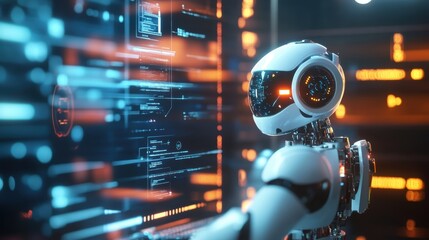 A robotic unit gracefully maneuvering around a compact workspace interacting with an AIdriven system that optimizes its tasks based on realtime feedback.