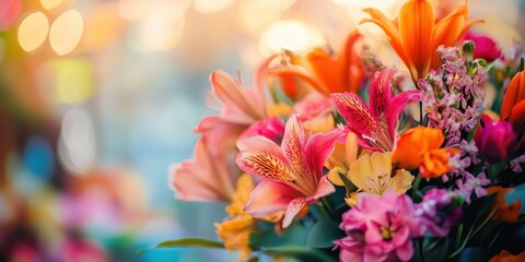 Fototapeta premium Vibrant flowers in a range of colors are arranged together, creating a cheerful display in a busy market filled with soft bokeh lights