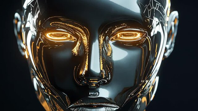 On a black background, a futuristic metallic humanoid face