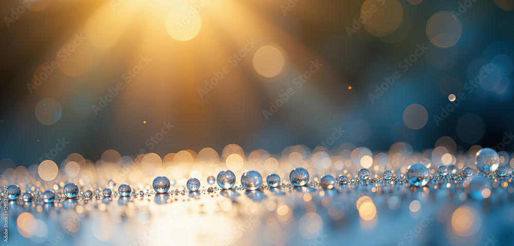 Poster delicate droplets of water catch the early morning light as the sun rises, creating a sparkling disp