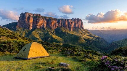 Sunset camping mountain landscape, tranquil scene, travel adventure
