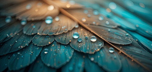 Obraz premium Delicate feather displays intricate details and vibrant colors, adorned with sparkling water droplets that catch light, showcasing nature's artistry and beauty