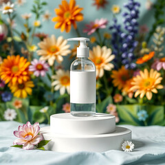 Mockup bouteille cosmétique, flacon pompe, arrière-plan sur la nature en fleur