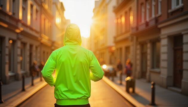 Jogger in fluorescent green jacket at dawn, embracing vitality