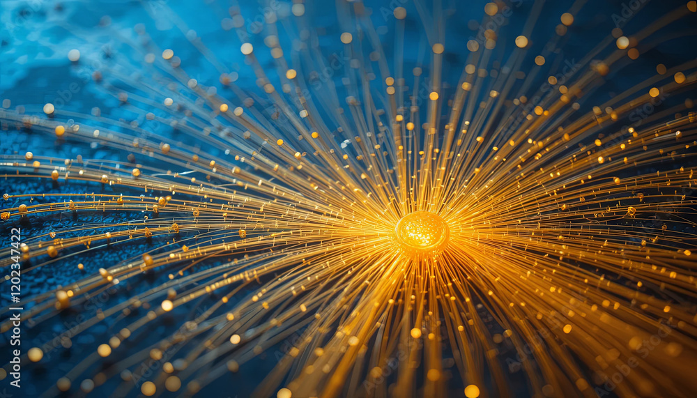 Poster golden threads radiate outward from a central point, creating an intricate design set against a rich