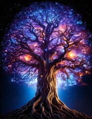 Magical glowing tree standing out at night under a starry sky