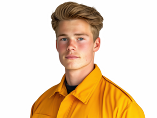 Young Man in Bright Yellow Jacket Against Transparent Background