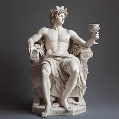 A beautiful marble statue of the Greek god Dionysus with a wreath on his head and a cup in his hand. Dionysus is seated in a marble chair