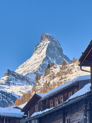 Snowy Matterhorn Peak on a Sunny Day Seen from Zermatt, Switzerland – Iconic Alpine Landscape