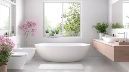 Fototapeta premium Modern white freestanding bathtub in a bright minimalist bathroom with pink flowers and a window view of green trees.