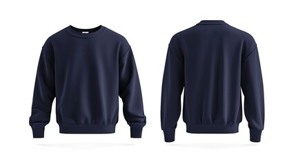 Front view and back view navy blue sweatshirt on white background, sweatshirt mockup, graphic design template