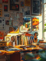 A creative workspace showcases colorful comic panels and retro items, radiating warmth and inviting inspiration