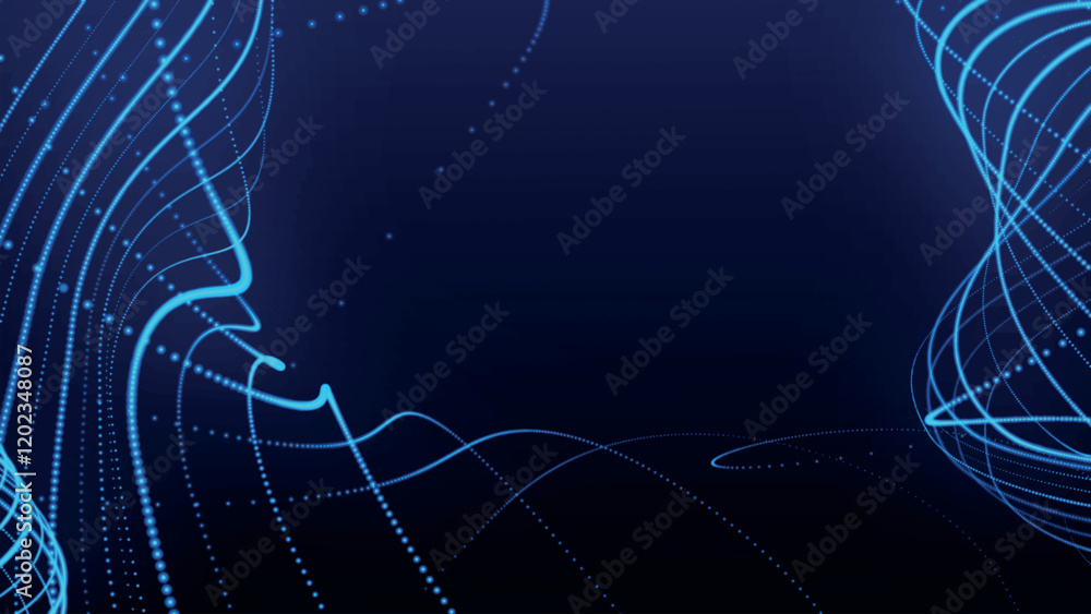 Poster dynamic wave of glowing particles. abstract dotted lines on dark background. chaotic colored lines. 