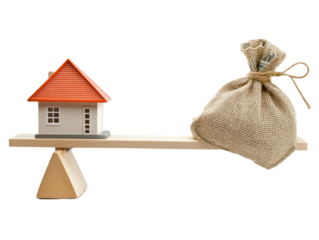 Isolated House and Bag with Money on Wooden Scale, Red Roof