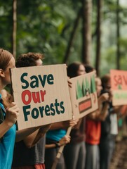 Environmental activists gather in a forest to protest against deforestation and raise awareness about conservation efforts