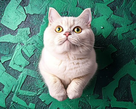 A fluffy white cat with large yellow eyes gazes curiously from a vibrant green textured background.