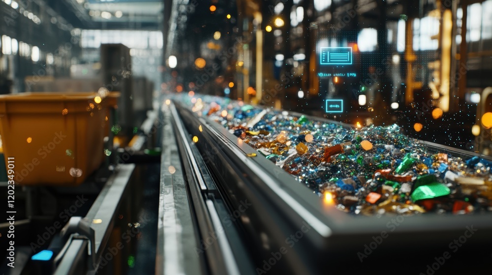 Poster closeup of a conveyor belt with sensors measuring energy consumption displaying realtime statistics 