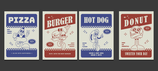 fast food posters with retro cartoon characters, vector illustration 