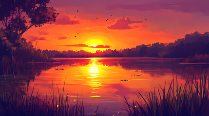 Naklejka premium Reflection of a vibrant sunset in a calm lake , water, nature, sunset, mirror, peaceful, serene, tranquil, beauty. Serene Sunset Reflection. Illustration