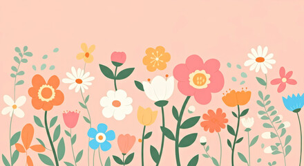 Colorful Floral Pattern with Various Flowers on Pastel Background