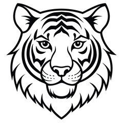 A fierce and majestic tiger head drawn in minimalist line art style, highlighting sharp angles and intense eyes to represent power and courage.