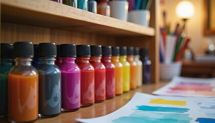 Vibrant ink bottles in creative workspace, artistic inspiration