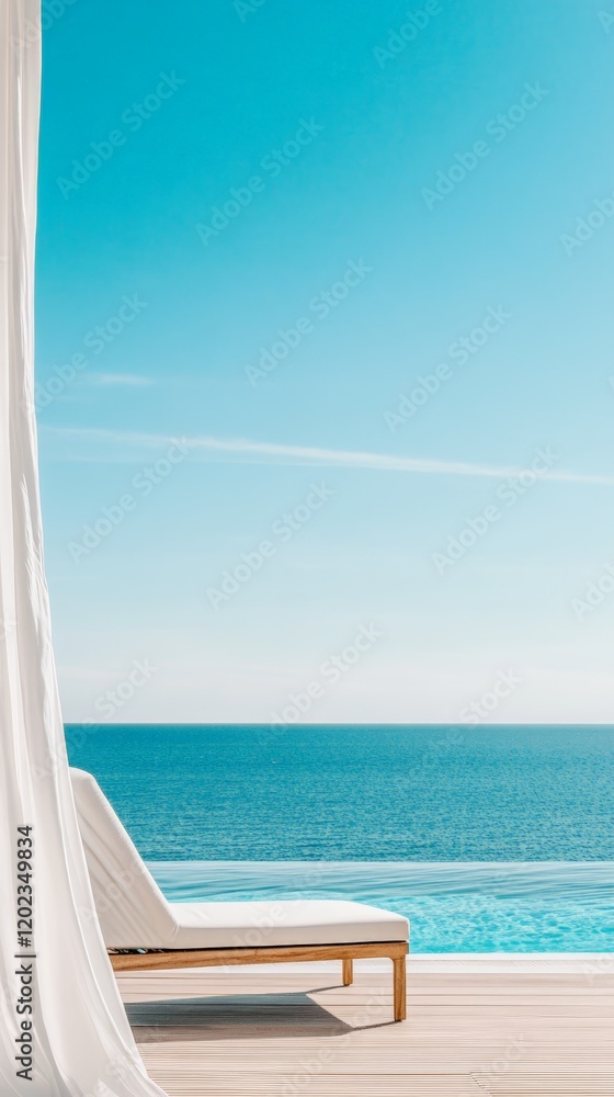 Poster Relaxing summer vibes emanate from an infinity pool overlooking a tranquil ocean, complete with an empty sunbed and a flowing white curtain on a resort terrace, creating a perfect holiday getaway