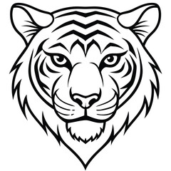 A fierce and majestic tiger head drawn in minimalist line art style, highlighting sharp angles and intense eyes to represent power and courage.